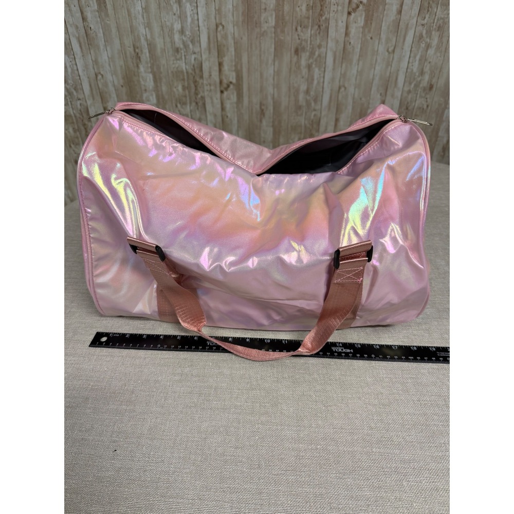 Pink Iridescent Holographic Duffel Bag Gym Travel Weekender with Shoe Pocket - Picture 2 of 5
